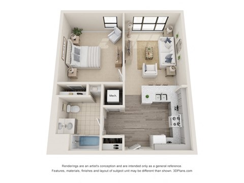 Floor plan for 1 bed, 1 bath, 612 sqft
